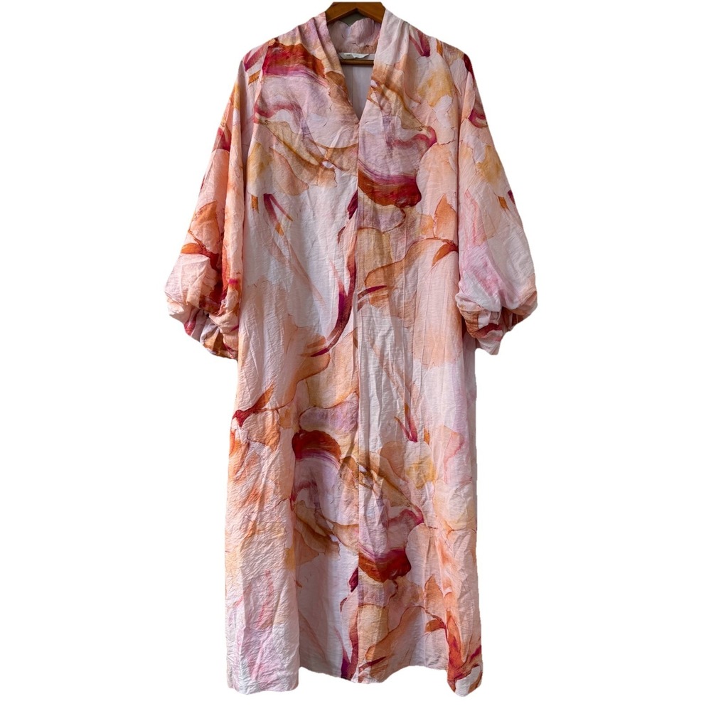 H&M Women's Ramadan Kaftan Maxi Dress Size L Oversized Artsy Watercolor Pink - Picture 2 of 10